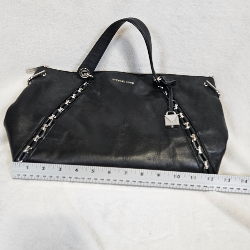 Michael Kors Black Leather Chain Trim Satchel Crossbody Bag Silver Hardware - Picture 8 of 10